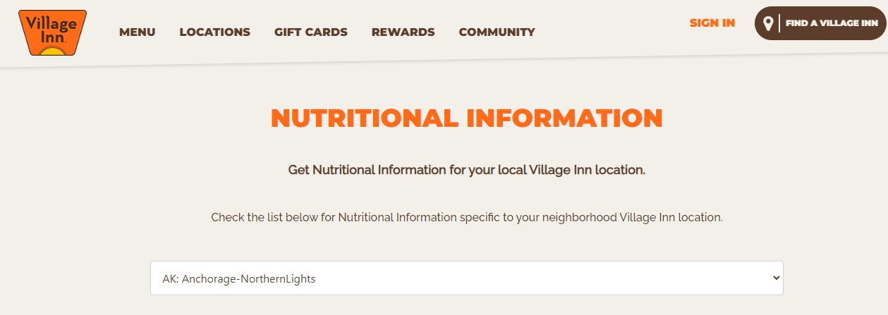 Nutritional information for Village inn